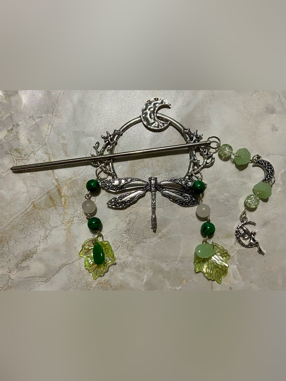 Silver Dragonfly Hair Stick with Green Leaf Beads